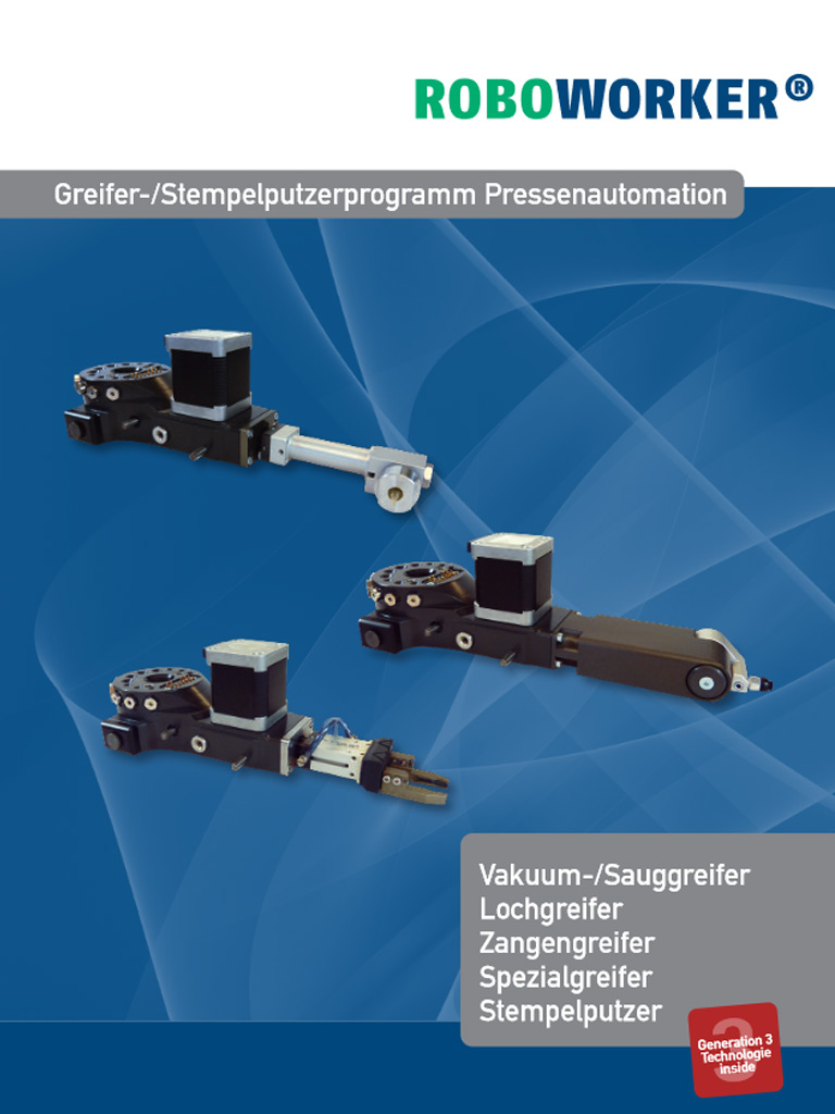 Titelbild der Broschüre zu den Greifer und Stempelputzern für die Pressenautomation von ROBOWORKER