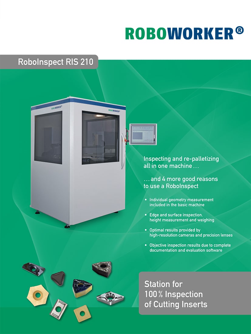 Cover of brochure about RoboInspect RIS 210 for cutting inserts by ROBOWORKER