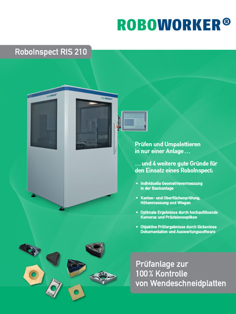Titelbild der Broschüre zum RoboInspect RIS 210 für Wendeschneidplatten von ROBOWORKER